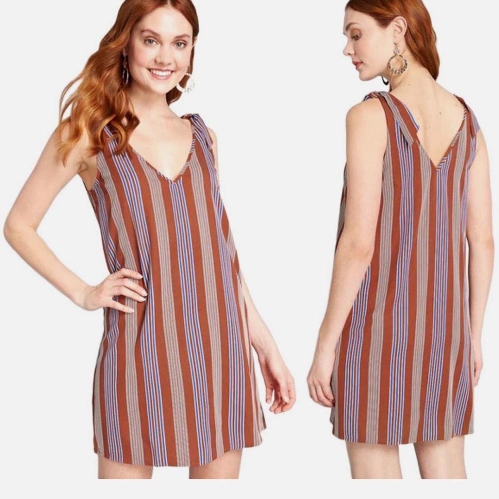 ModCloth  Brown Blue Striped Mini Dress Tie-Shoulder Retro Boho Style Small